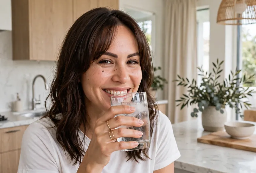 Gretel Salellas bebiendo un vaso de agua